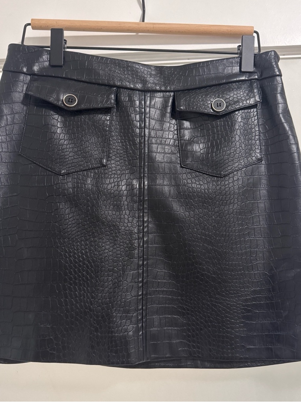 Zara Black Faux Croc Mini Skirt with Front Flap Pockets